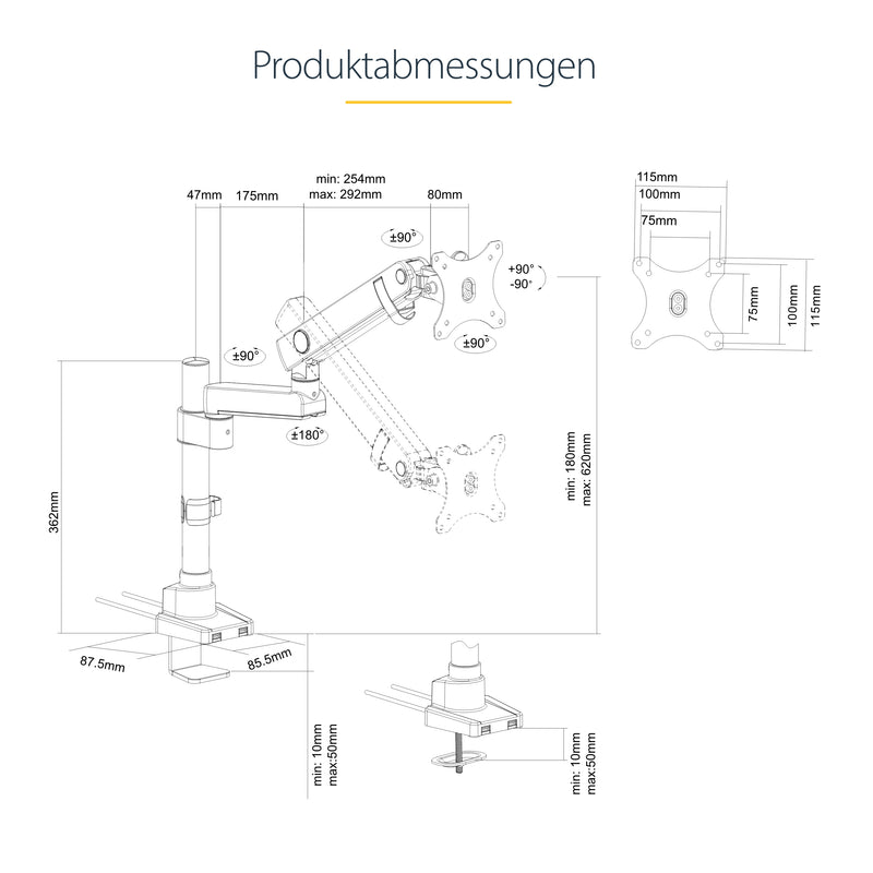 StarTech.com Schreibtisch-Monitorarm mit 2x USB 3.0-Anschlüssen - Monitorhalterung mit Kabelmanagement für bis zu 34 "VESA-Display - Ergonomischer Gelenkarm - Schreibtischklemme/Tülle