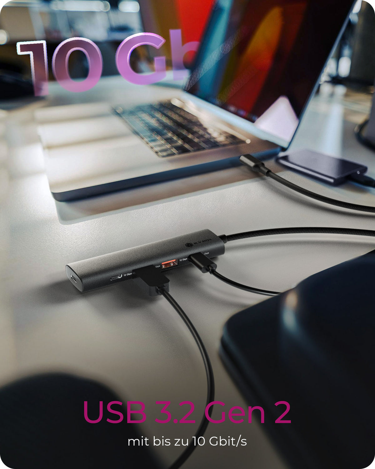 ICY BOX IB-HUB1437-CPD, 4-Port USB 3.2 Gen 2 Hub, 10 Gbit/s, 2x Type-C® + 2x Type-A, 1x USB PD 100 W, 30cm Cable