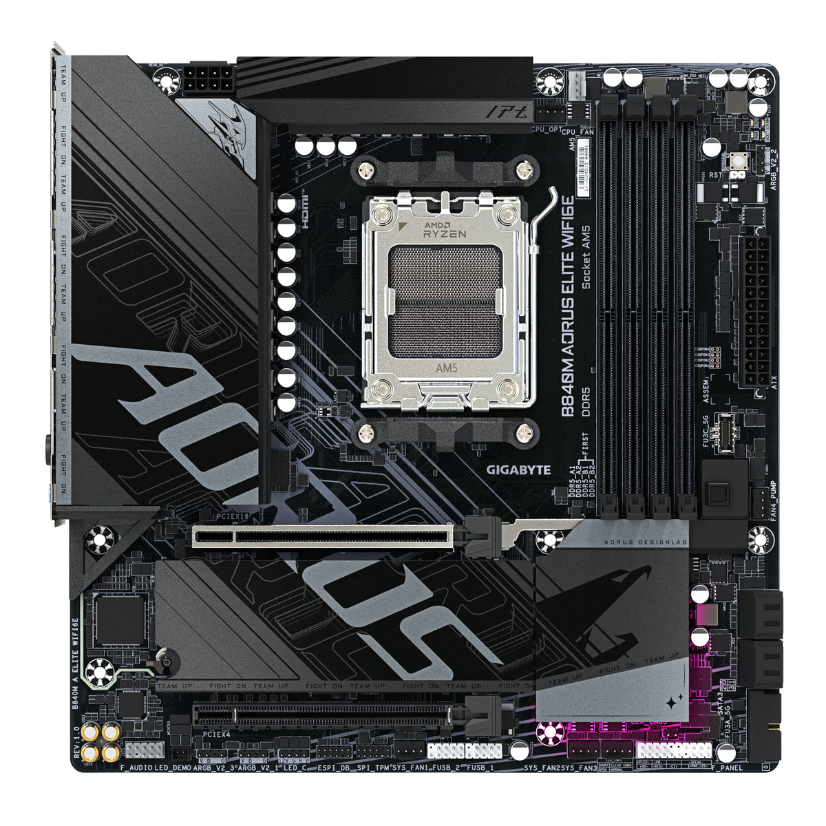 GIGABYTE B840M AORUS ELITE WIFI6E Mainboard – AMD Ryzen 9000 Prozessoren, 10+2+2 Phasen VRM, bis zu 8200 MHz DDR5 (O.C.), 2 x M.2 PCIe 4.0, Wi-Fi 6E, 2.5 GbE LAN, USB 3.2 Gen 2