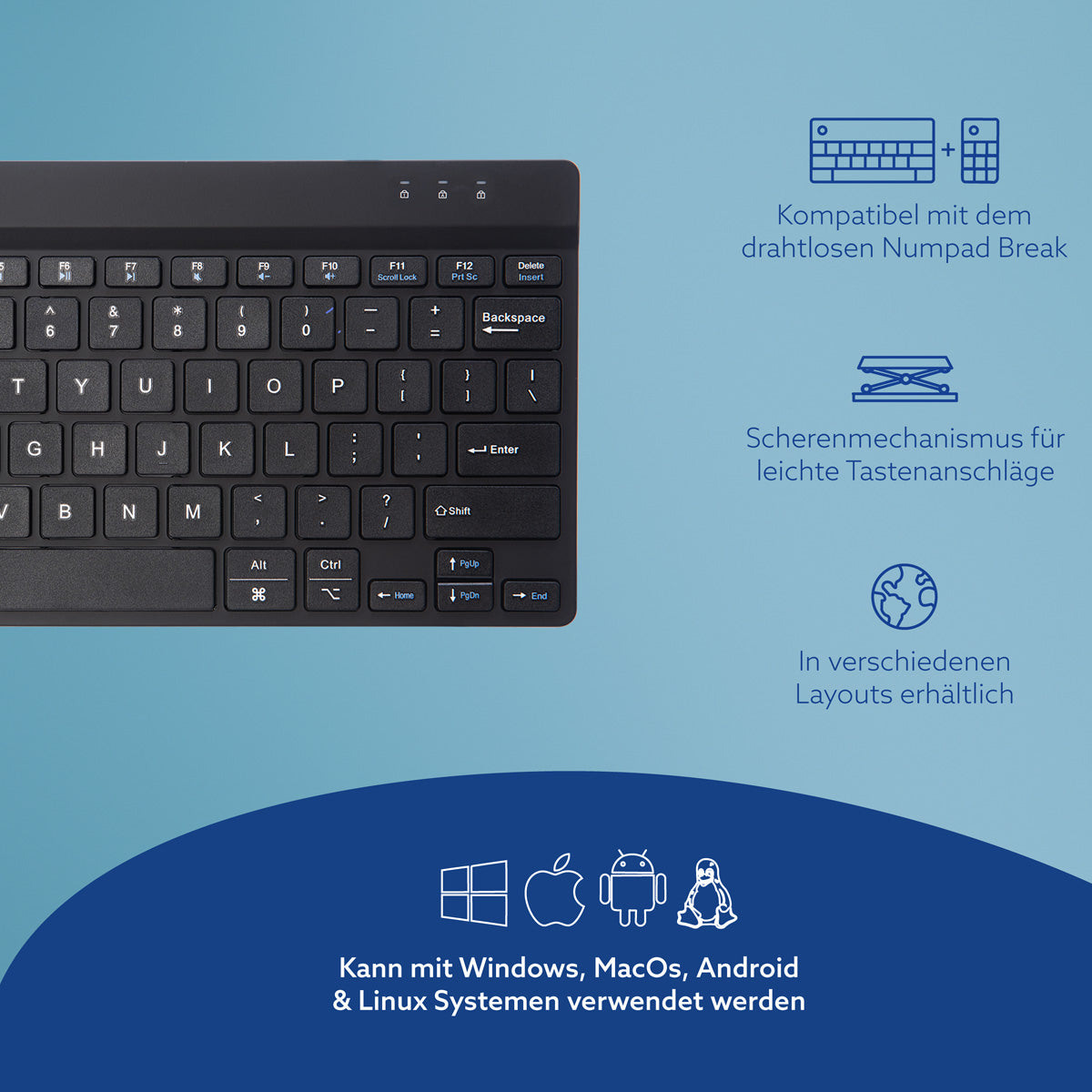 R-Go Tools Ergonomische Tastatur R-Go Compact Break, kompakte Tastatur mit Pausensoftware, QWERTY (US), Bluetooth, Schwarz