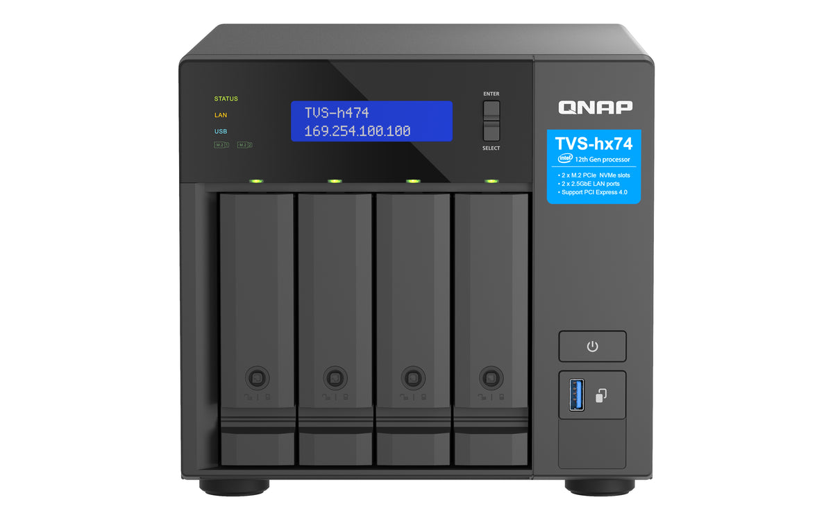QNAP TVS-H474 NAS Tower Intel® Pentium® G7400 8 GB DDR4 0 TB QuTS hero Schwarz