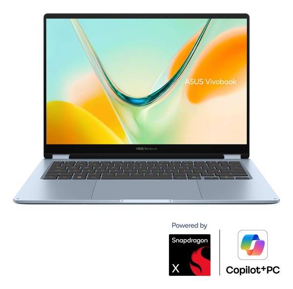 ASUS Vivobook S14 Flip TP5408QA Copilot+ PC Snapdragon X1-26-100 Hybrid (2-in-1) 35,6 cm (14") Touchscreen WUXGA 8 GB LPDDR5x-SDRAM 256 GB SSD Wi-Fi 6E (802.11ax) Windows 11 Home Blau