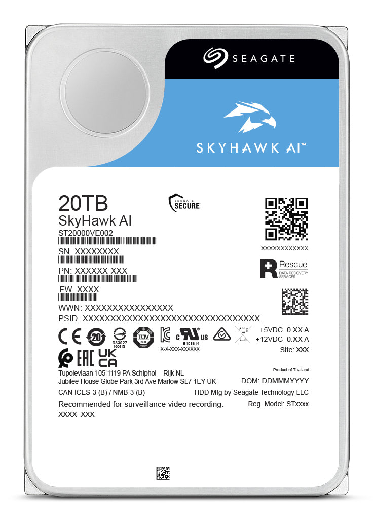 Seagate SkyHawk AI ST20000VE004 Interne Festplatte 20 TB 7200 RPM 512 MB 3.5" Serial ATA III