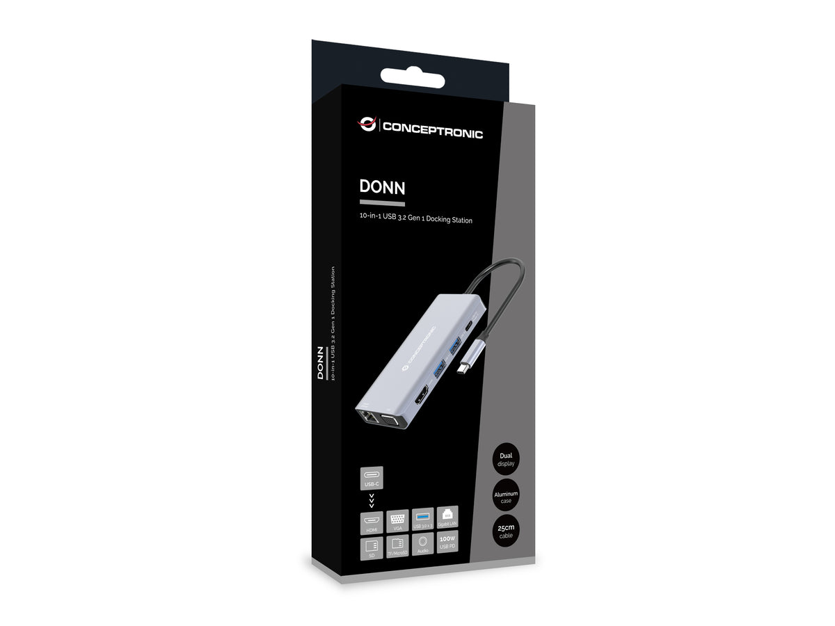 Conceptronic DONN20G 10-in-1 USB 3.2 Gen 1 Dockingstation, HDMI, VGA, USB-A 3.0 x 3, SD, TF/MicroSD, Audio, GbE LAN, 100W USB PD