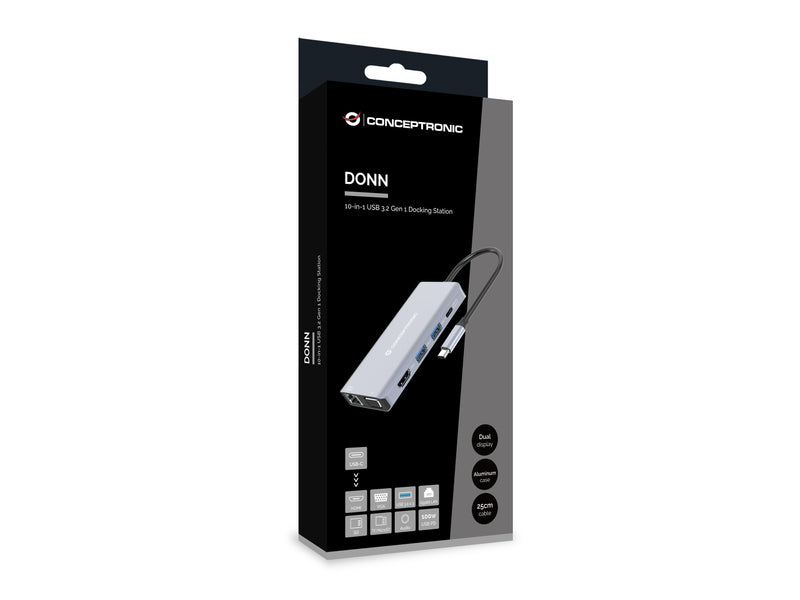 Conceptronic DONN20G 10-in-1 USB 3.2 Gen 1 Dockingstation, HDMI, VGA, USB-A 3.0 x 3, SD, TF/MicroSD, Audio, GbE LAN, 100W USB PD