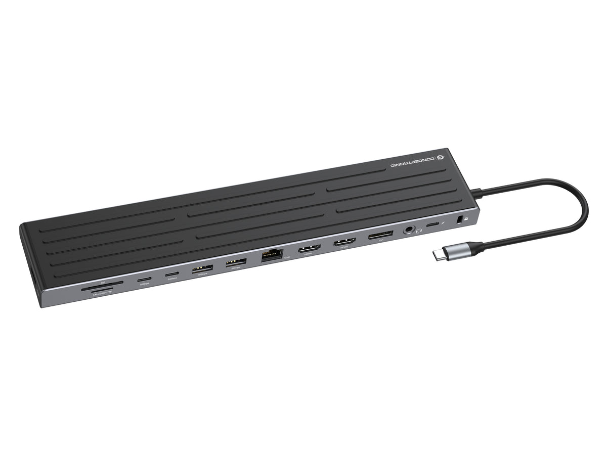Conceptronic DONN32B 14-in-1 MST-Dockingstation USB 3.2 Gen 1, HDMI x2, DisplayPort, Gigabit-LAN, USB-A 5Gbps x3, USB-C 5Gbps x2, SD-Kartenleser, MicroSD/TF, 3,5-mm-Headset-Anschluss, Sicherheitssteckplatz, 100W USB Power Delivery