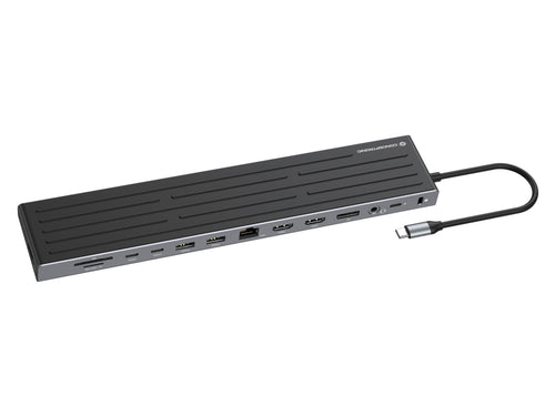 Conceptronic DONN32B 14-in-1 MST-Dockingstation USB 3.2 Gen 1, HDMI x2, DisplayPort, Gigabit-LAN, USB-A 5Gbps x3, USB-C 5Gbps x2, SD-Kartenleser, MicroSD/TF, 3,5-mm-Headset-Anschluss, Sicherheitssteckplatz, 100W USB Power Delivery