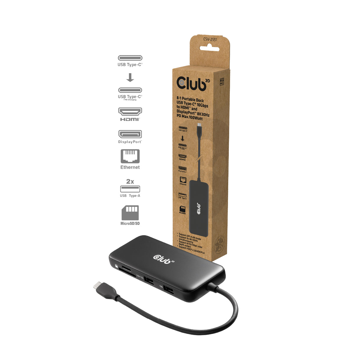 CLUB3D 8-1 Portable Dock USB Type-C® 10Gbps to HDMI™ and DisplayPort™ 8K30Hz PD Max.100Watt
