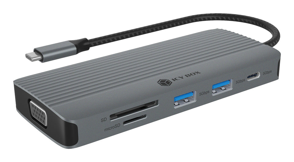 ICY BOX IB-DK4040a-CPD, Station d'accueil USB-C 10 en 1, 1x HDMI 4K60Hz, 1x VGA, 3x USB-A 5G, 1x USB-C 5G, 1x USB-C pour PD 100W, 1x LAN 1Gb, 2x lecteurs de cartes