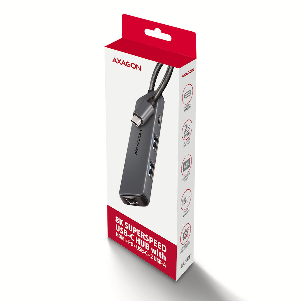 Axagon HMC-5H8K USB 5Gbps hub 2x USB-A USB-C HDMI 8k/30Hz PD 100W kabel USB-C Kabelgebunden USB 3.2 Gen 1 (3.1 Gen 1) Type-C Grau