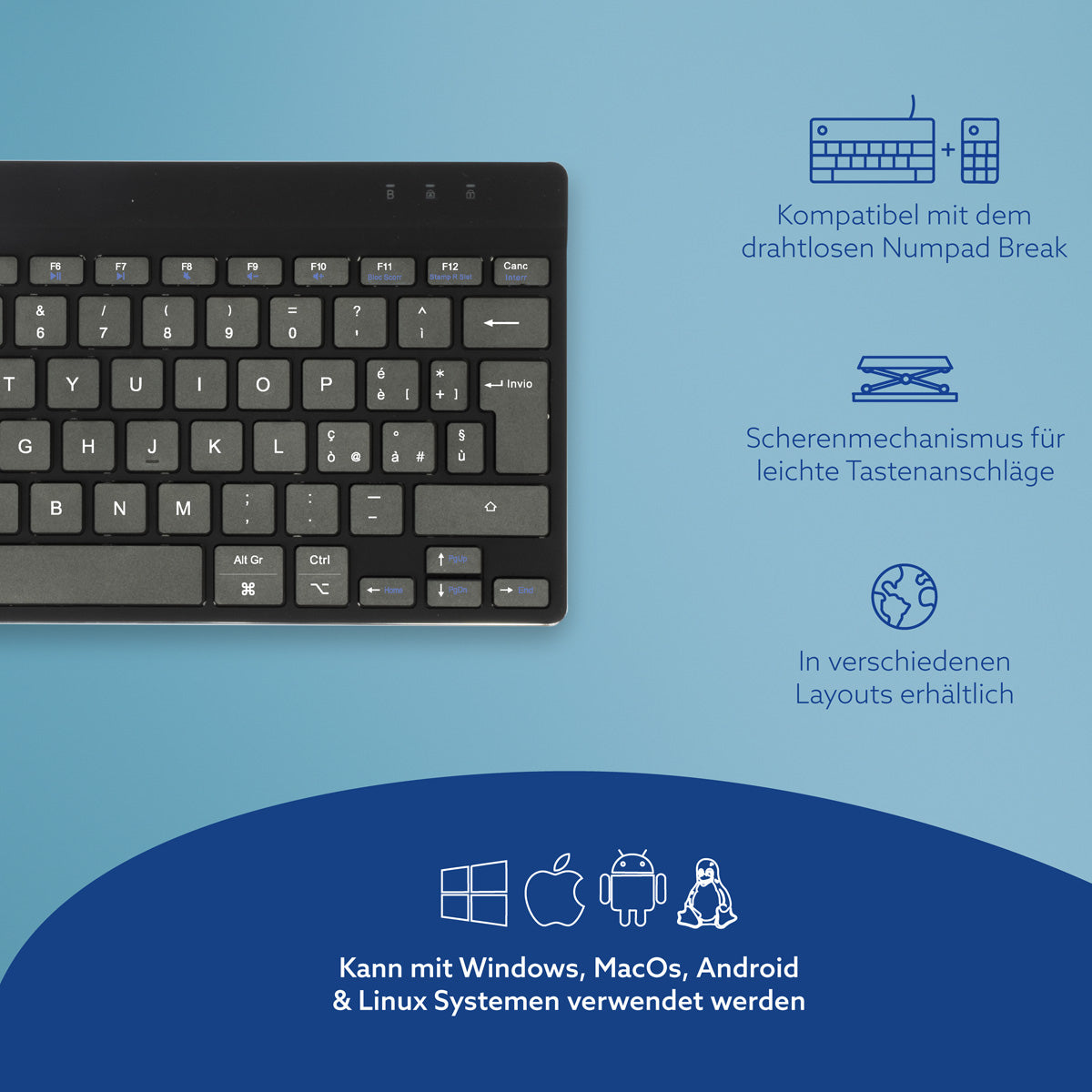R-Go Tools Ergonomische Tastatur R-Go Compact Break, kompakte Tastatur mit Pausensoftware, QWERTY (IT), Bluetooth, Schwarz