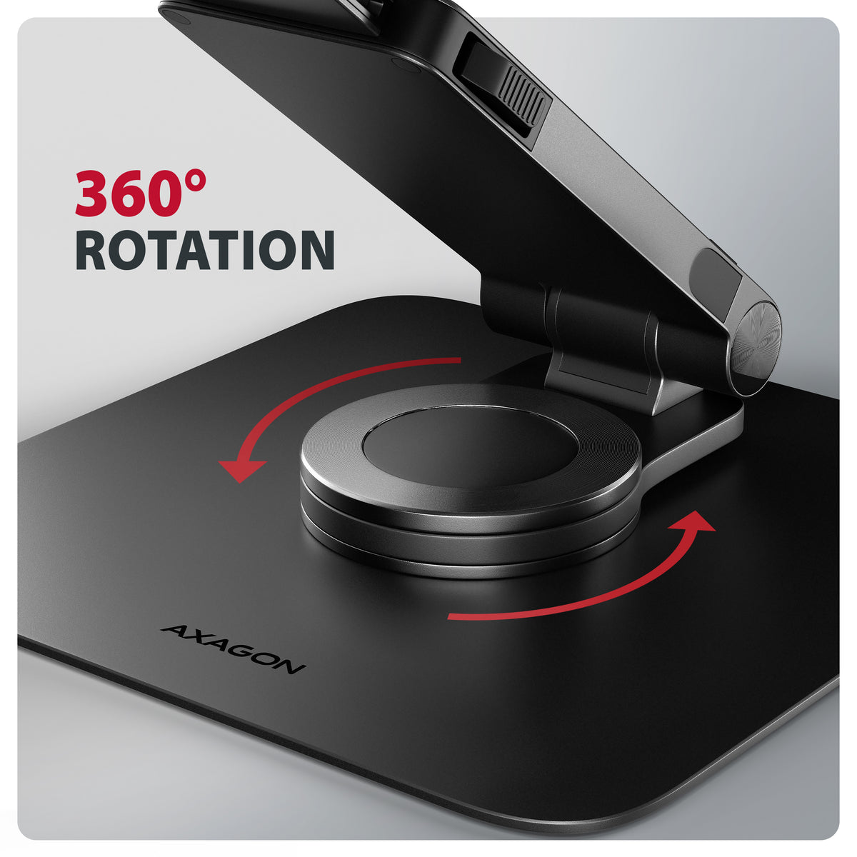 Axagon STND-LRB Aluminiumständer mit 360°-Drehung für Laptops 10"–17.3". Verstellbare Höhe und Winkel. Schwarze Version.