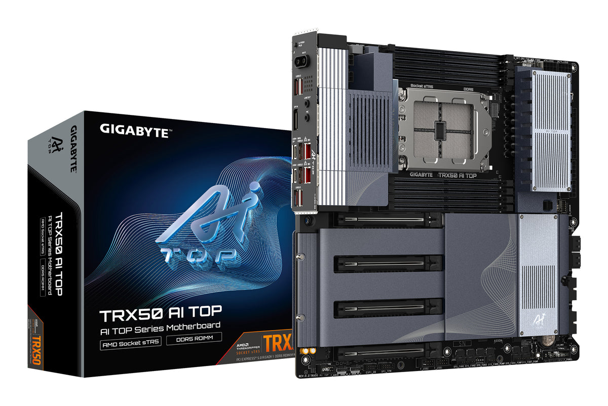 GIGABYTE TRX50 AI TOP-2B Mainboard – Unterstützt AMD Ryzen Threadripper PRO 7000 CPUs, digitales 16+8+4 Phasen VRM, bis zu 5200 MHz DDR5, 4 x PCIe 5.0 M.2, Wi-Fi 7, 10 GbE LAN, USB 4