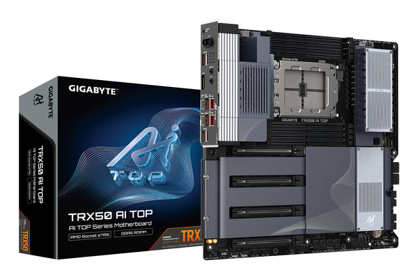GIGABYTE TRX50 AI TOP-2B Mainboard – Unterstützt AMD Ryzen Threadripper PRO 7000 CPUs, digitales 16+8+4 Phasen VRM, bis zu 5200 MHz DDR5, 4 x PCIe 5.0 M.2, Wi-Fi 7, 10 GbE LAN, USB 4