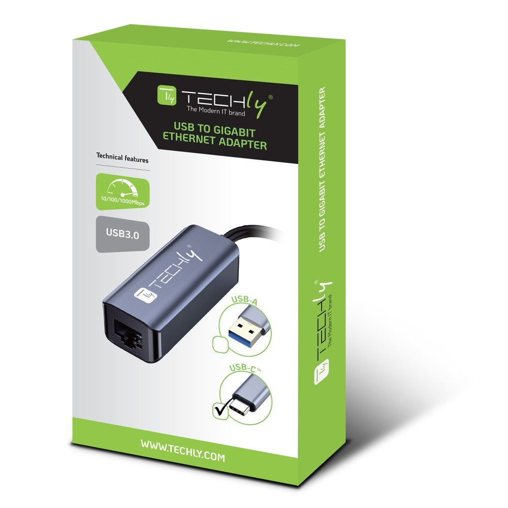 Techly IDATA USB-ETGIGA-CA laptop-dockingstation & portreplikator Kabelgebunden USB 3.2 Gen 1 (3.1 Gen 1) Type-C Schwarz, Silber
