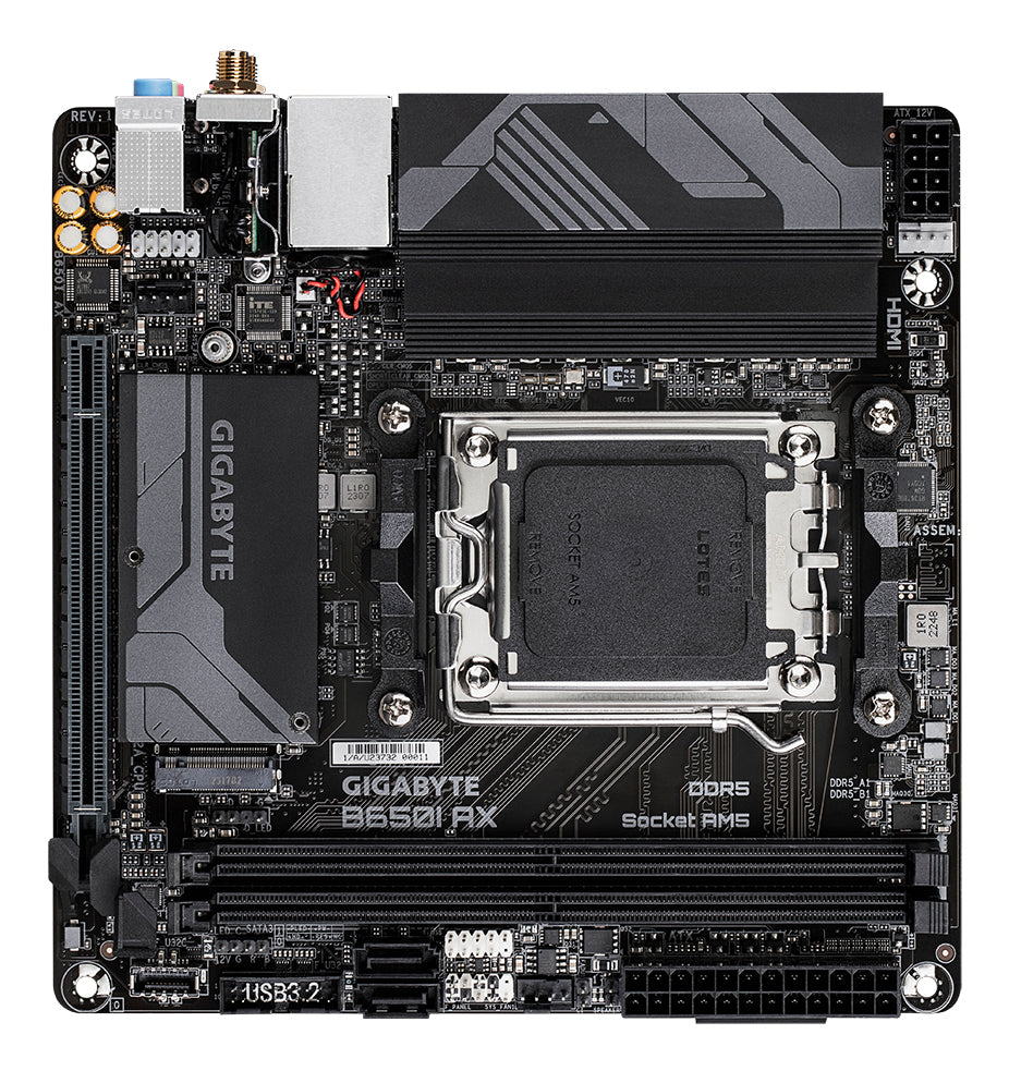 GIGABYTE B650I AX Mainboard - AMD Ryzen 9000er-Serie, 5+2+1 Phasen VRM, bis zu 6400 MHz DDR5 (OC), 1xPCIe 4.0 M.2, 2,5 GbE LAN, WIFI 6E, USB 3.2 Gen 2