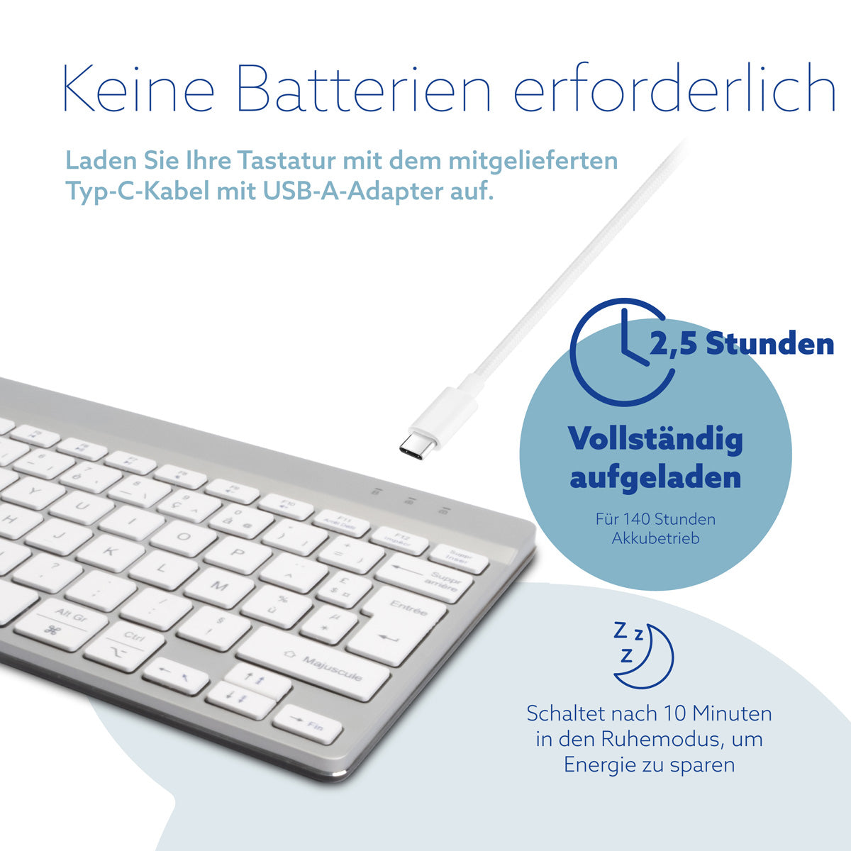 R-Go Tools Ergonomische Tastatur R-Go Compact Break, kompakte Tastatur mit Pausensoftware, AZERTY (FR), Bluetooth, Weiß
