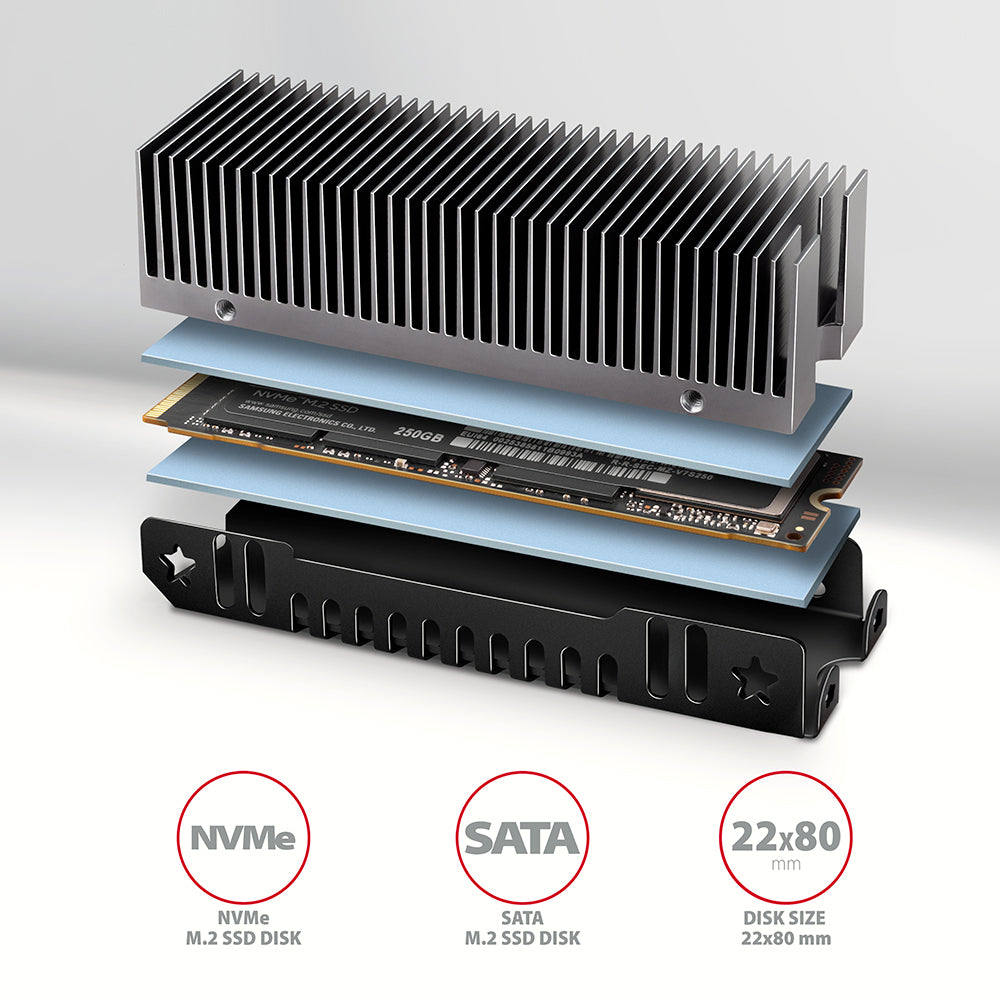 Axagon CLR-M2XT Aluminium-Passivkühler für einseitige und doppelseitige M.2-SSD-Festplatten, Größe 2280, Höhe 24 mm