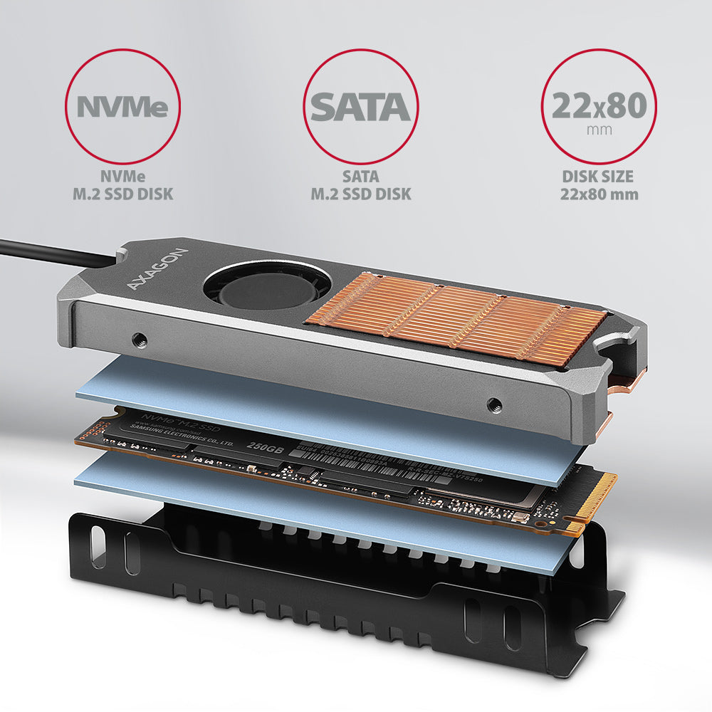Axagon CLR-M2FAN Kupferkühler mit Lüfter für einseitige und doppelseitige M.2 SSD-Platten, Größe 2280, Höhe 13 mm.