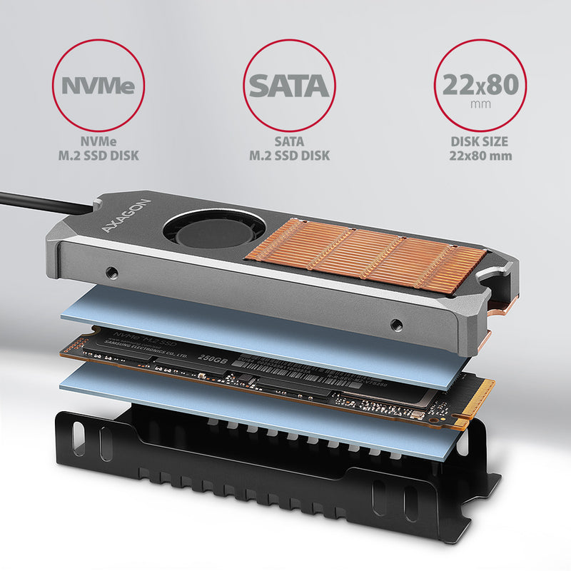 Axagon CLR-M2FAN Kupferkühler mit Lüfter für einseitige und doppelseitige M.2 SSD-Platten, Größe 2280, Höhe 13 mm.
