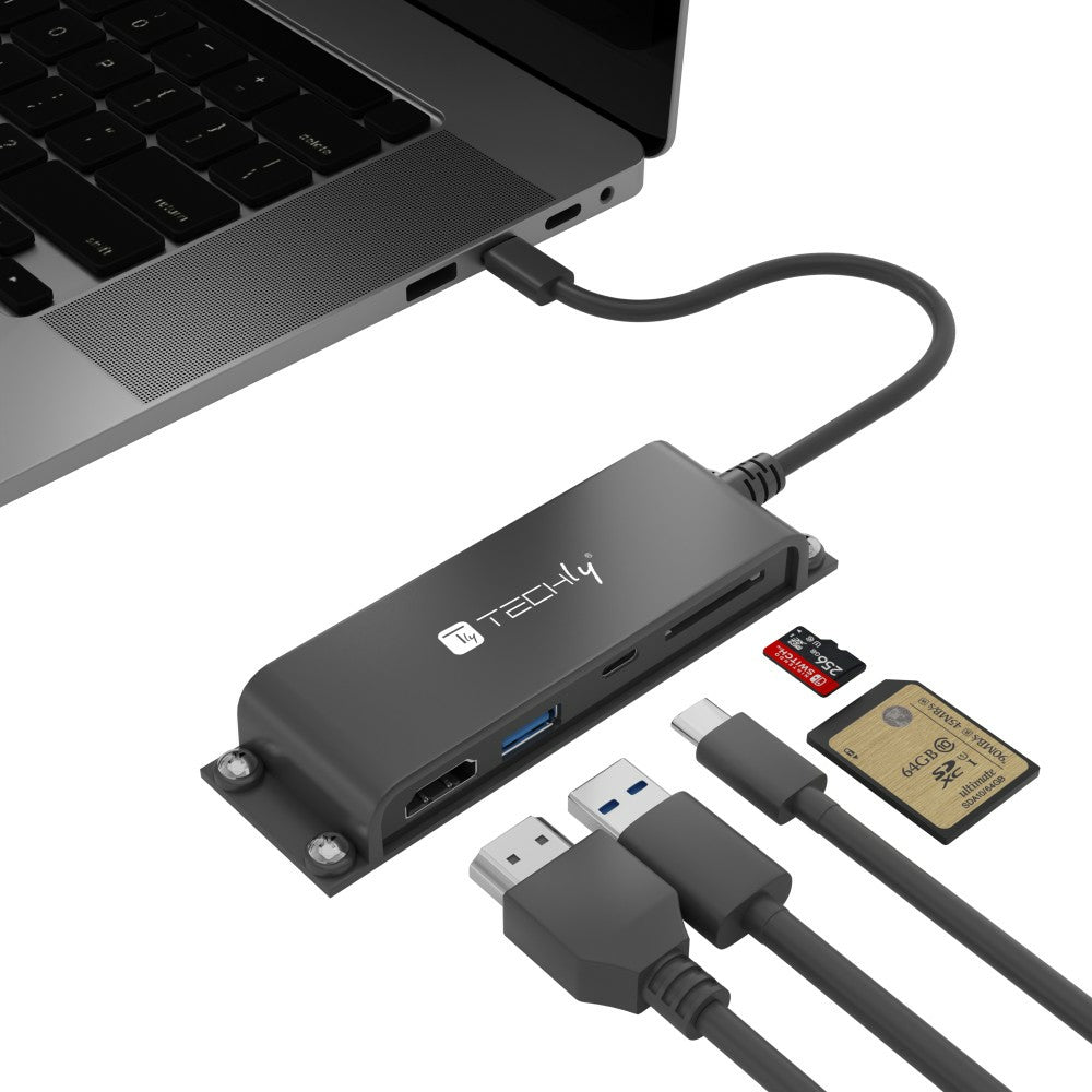 Techly IADAP-USBC-935 laptop-dockingstation & portreplikator Kabelgebunden USB 3.2 Gen 1 (3.1 Gen 1) Type-C Schwarz