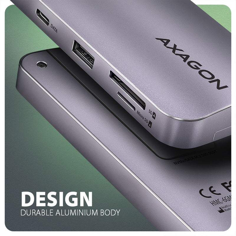 Axagon HMC-6GM2 USB 10Gbps hub USB-A USB-C HDMI M.2 SD/mSD PD 100W USB-C Kabelgebunden USB 3.2 Gen 2 (3.1 Gen 2) Type-C Grau
