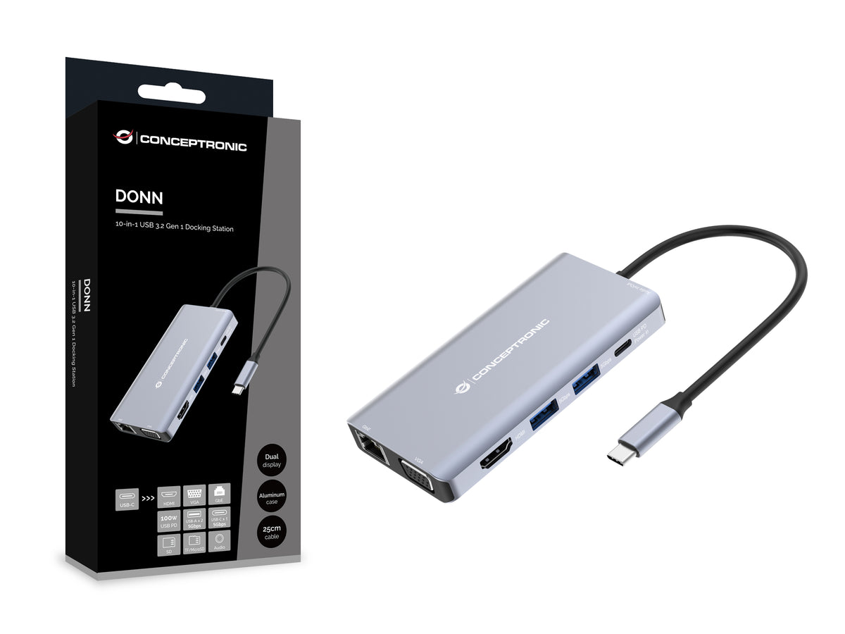 Conceptronic DONN20G 10-in-1 USB 3.2 Gen 1 Dockingstation, HDMI, VGA, USB-A 5Gbps, USB-C 5Gbps, SD, TF/MicroSD, Audio, GbE LAN, 100W USB PD