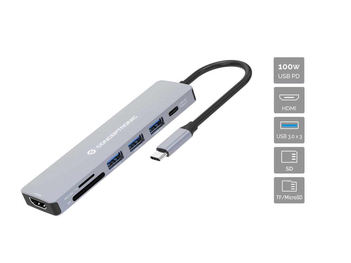 Conceptronic DONN19G 7-in-1 USB 3.2 Gen 1 Dockingstation, HDMI, USB-A 3.0 x 3, SD, TF/MicroSD, 100W USB PD