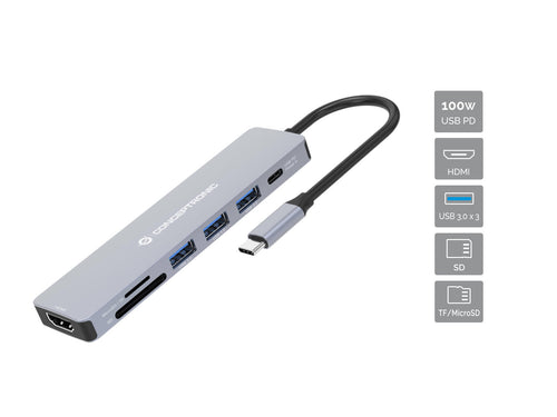 Conceptronic DONN19G 7-in-1 USB 3.2 Gen 1 Dockingstation, HDMI, USB-A 3.0 x 3, SD, TF/MicroSD, 100W USB PD