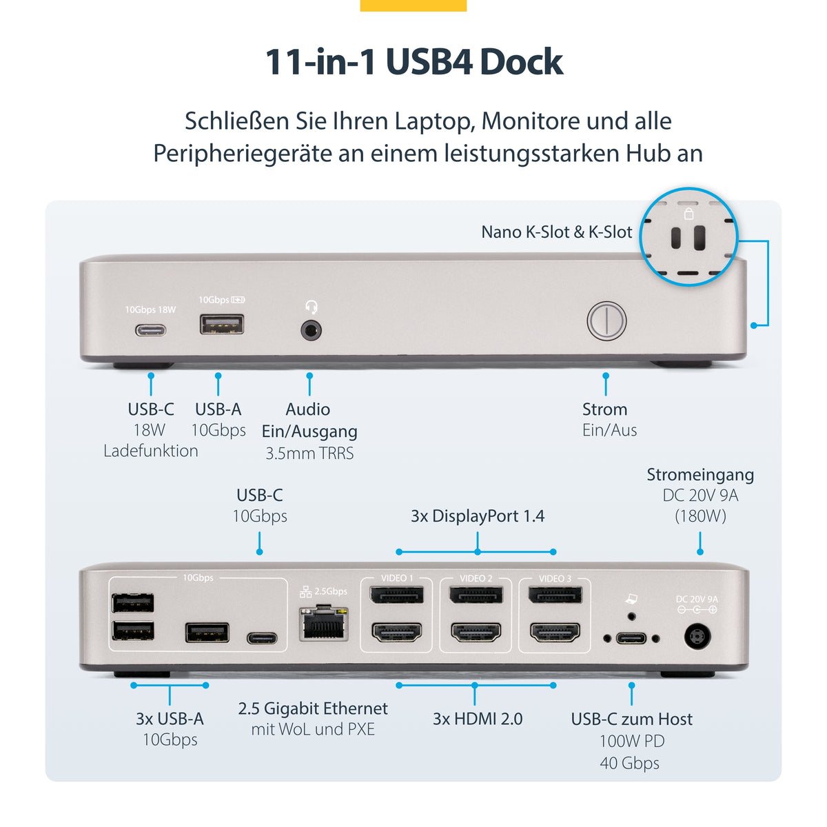 StarTech.com USB-C-Dockingstation(USB4), Dreifach 4K60Hz-Monitore DisplayPort oder HDMI, 100W Laptop-Ladung, 2,5GbE, Notebook Dock, Thunderbolt 4, Nicht für macOS, Treiberlos