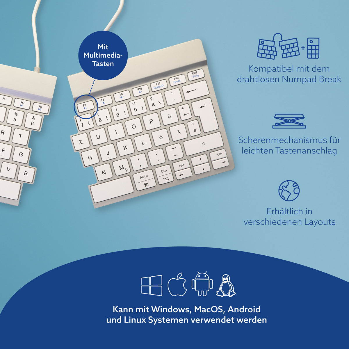 R-Go Tools Ergonomische Tastatur R-Go Split Break mit Pausensoftware, ergonomische geteilte Tastatur, QWERTZ (DE), kabellos, weiß