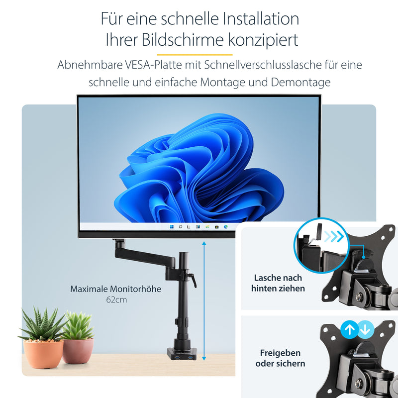 StarTech.com Schreibtisch-Monitorarm mit 2x USB 3.0-Anschlüssen - Monitorhalterung mit Kabelmanagement für bis zu 34 "VESA-Display - Ergonomischer Gelenkarm - Schreibtischklemme/Tülle
