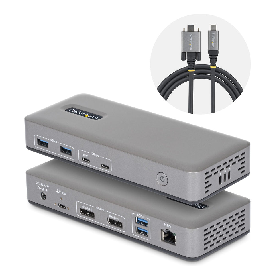StarTech.com Dual Monitor USB-C Dockingstation, Dual 4K 60Hz DisplayPort MST Dock, 100W Power Delivery Laptop-Ladung, 1GbE, treiberlos, Multi-Monitor Dock, Windows