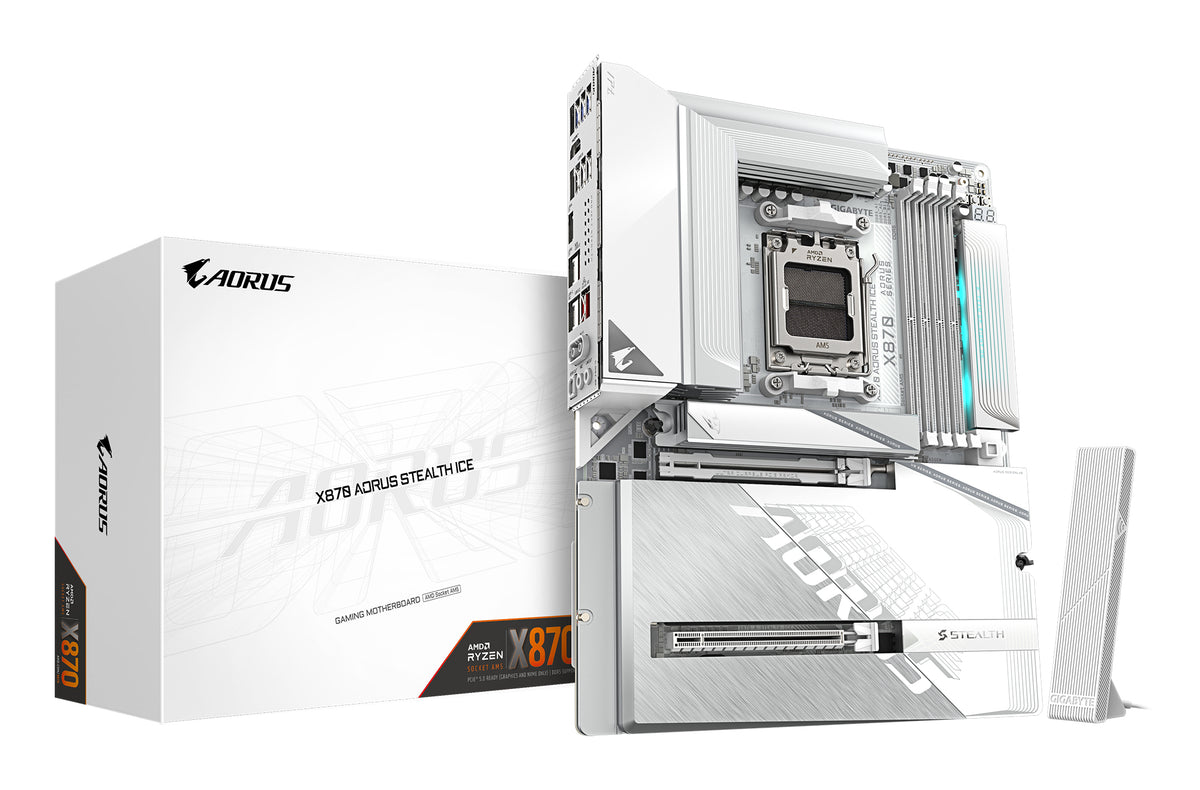 GIGABYTE X870 AORUS STEALTH ICE Mainboard – Unterstützt AMD Ryzen 9000 CPUs, digitales 16+2+2 Phasen VRM, bis zu 8200 MHz DDR5 (OC), 2 x PCIe 5.0 + 2 x PCIe 4.0, Wi-Fi 7, 5 GbE LAN, USB 4