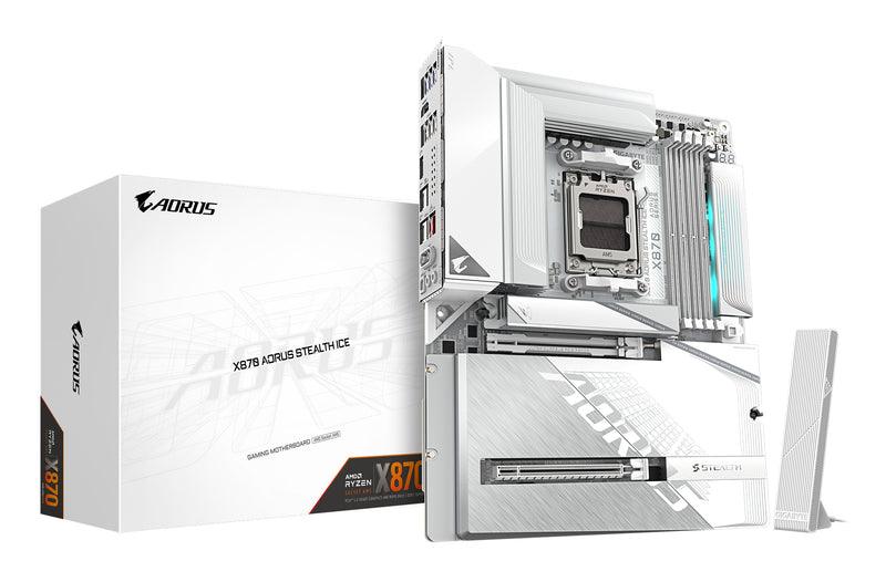 GIGABYTE X870 AORUS STEALTH ICE Mainboard – Unterstützt AMD Ryzen 9000 CPUs, digitales 16+2+2 Phasen VRM, bis zu 8200 MHz DDR5 (OC), 2 x PCIe 5.0 + 2 x PCIe 4.0, Wi-Fi 7, 5 GbE LAN, USB 4
