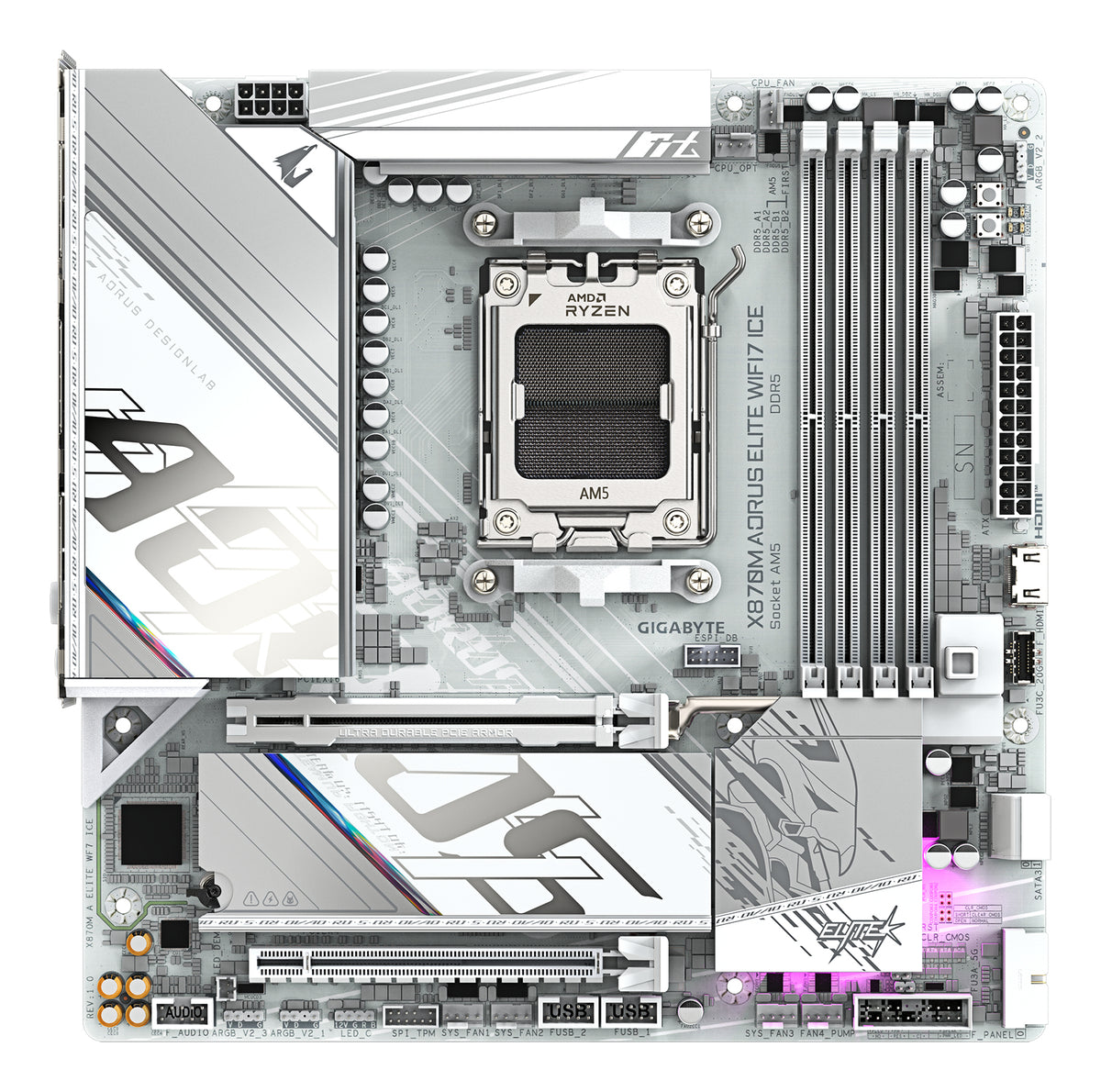 GIGABYTE X870M AORUS ELITE WIFI7 ICE Mainboard – Unterstützt AMD Ryzen 9000 CPUs, digitales 14+2+2-Phasen-VRM, bis zu 8200 Hz DDR5 (O.C), 1× PCIe 5.0 + 1× PCIe 4.0, Wi-Fi 7, 2.5-GbE-LAN, USB 4