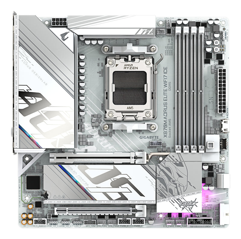 GIGABYTE X870M AORUS ELITE WIFI7 ICE Mainboard – Unterstützt AMD Ryzen 9000 CPUs, digitales 14+2+2-Phasen-VRM, bis zu 8200 Hz DDR5 (O.C), 1× PCIe 5.0 + 1× PCIe 4.0, Wi-Fi 7, 2.5-GbE-LAN, USB 4