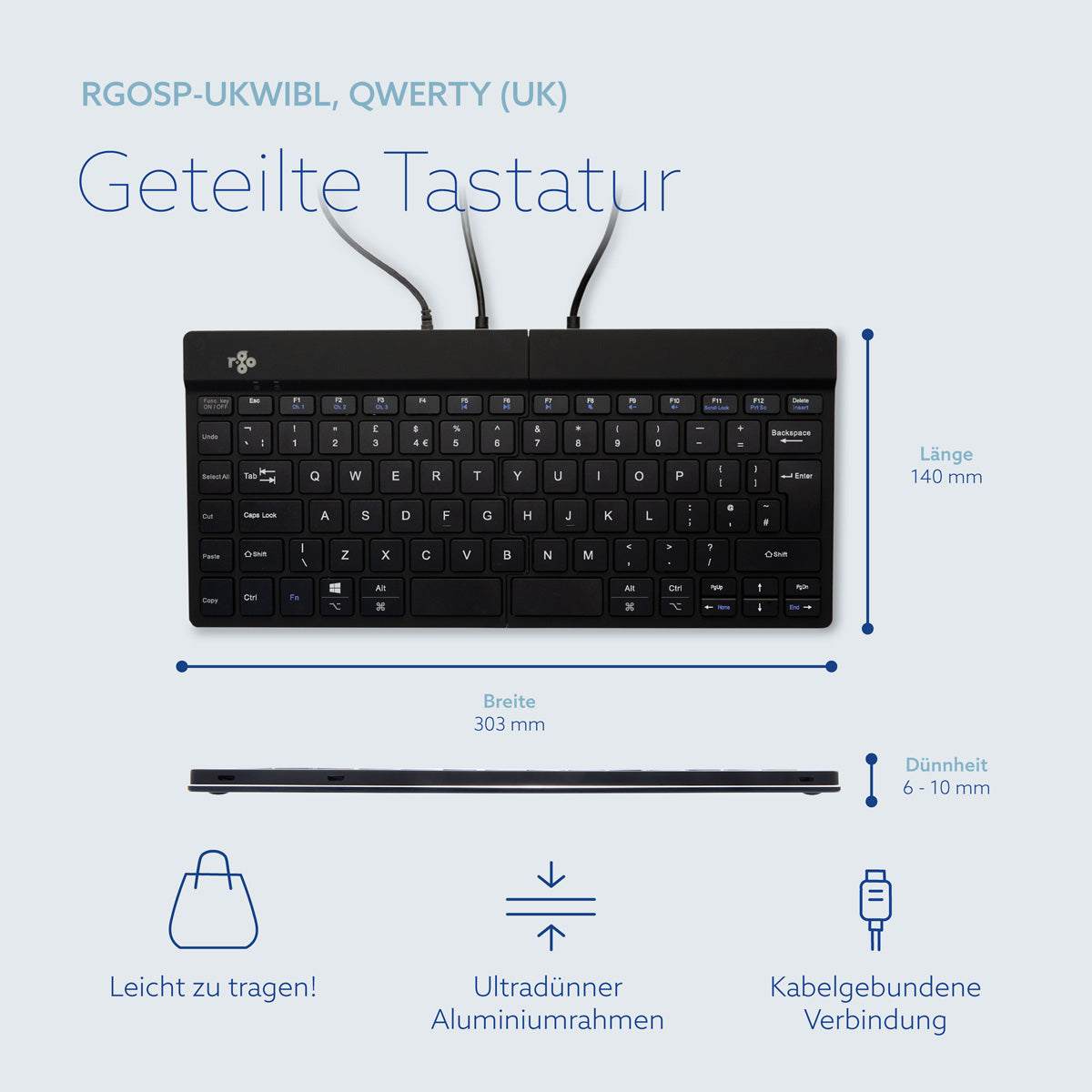 R-Go Tools Ergonomische Tastatur R-Go Split Break v2 mit Pausensoftware, geteilte Tastatur, QWERTY (UK), Kabelgebunden, Schwarz