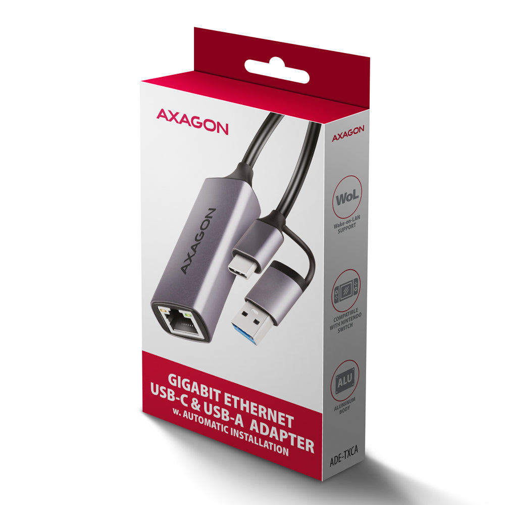 Axagon ADE-TXCA Gigabit Ethernet Adapter USB-C+ USB-A - titangrau - Adapter - Digital/Daten 1000 Mbit/s