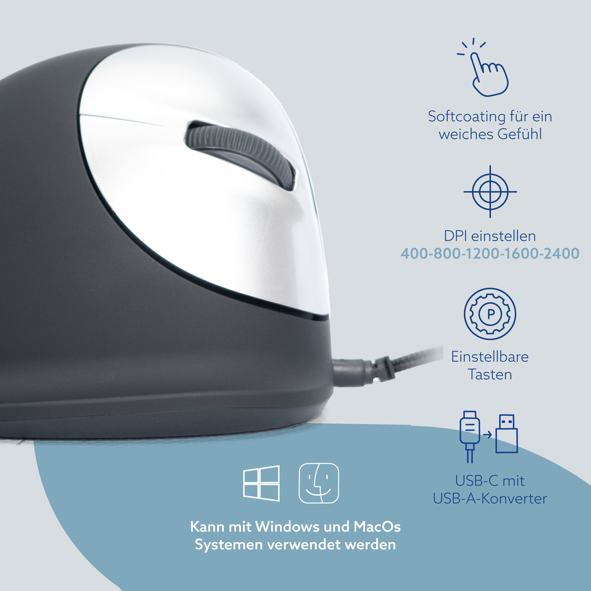 R-Go Tools Ergonomische Maus R-Go HE Break mit Pausensoftware, medium (Handlänge 165-185mm), Rechtshänder, verkabelt, schwarz