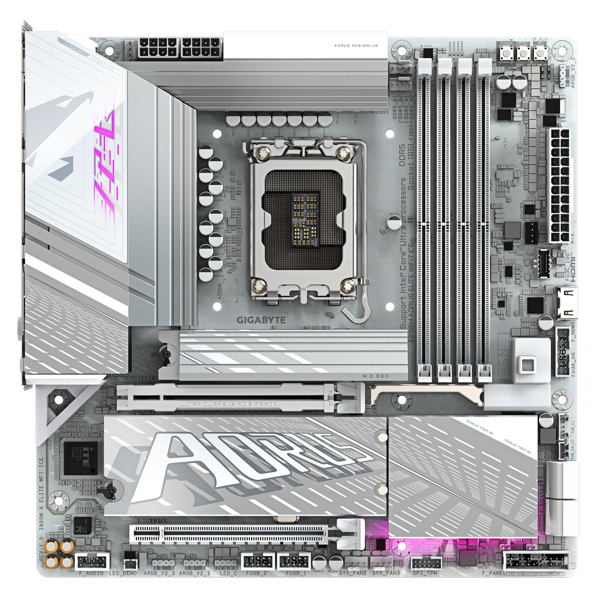 GIGABYTE Z890M AORUS ELITE WIFI7 ICE Mainboard - Unterstützt Intel Core Ultra (Serie 2) CPUs, 12+1+2 Phasen VRM, bis zu 8800MHz DDR5 (OC), 1xPCIe 5.0 + 2xPCIe 4.0, Wi-Fi 7, 2.5GbE LAN, USB 4