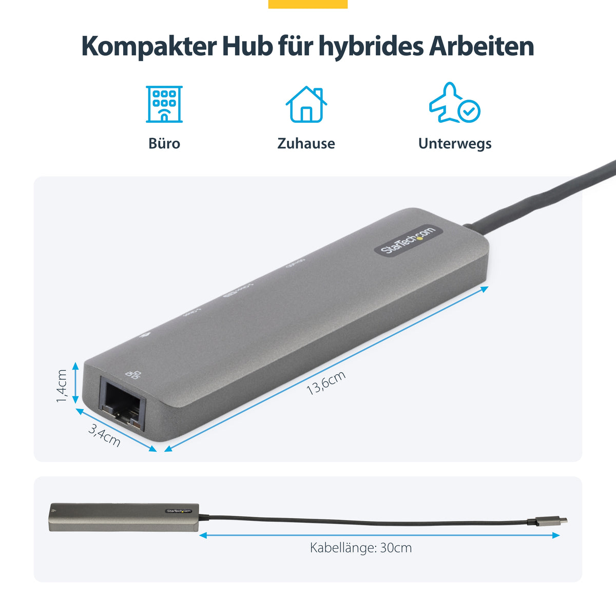 StarTech.com USB-C Multiport Adapter - USB-C auf 4K 60Hz HDMI 2.0, 100W Power Delivery Pass-through, SD/MicroSD, 2 Port USB 3.0 Hub, GbE - USB-C Mini Dock - 30cm langes angeschlossenes Kabel
