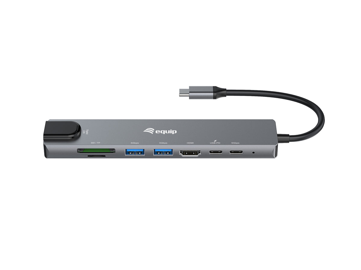 Equip USB-C 8-in-1 Multifunktionaler Adapter, HDMI 4K/30Hz, Gigabit-LAN, USB-A x 2, USB-C x 1, SD/TF, 100W USB PD