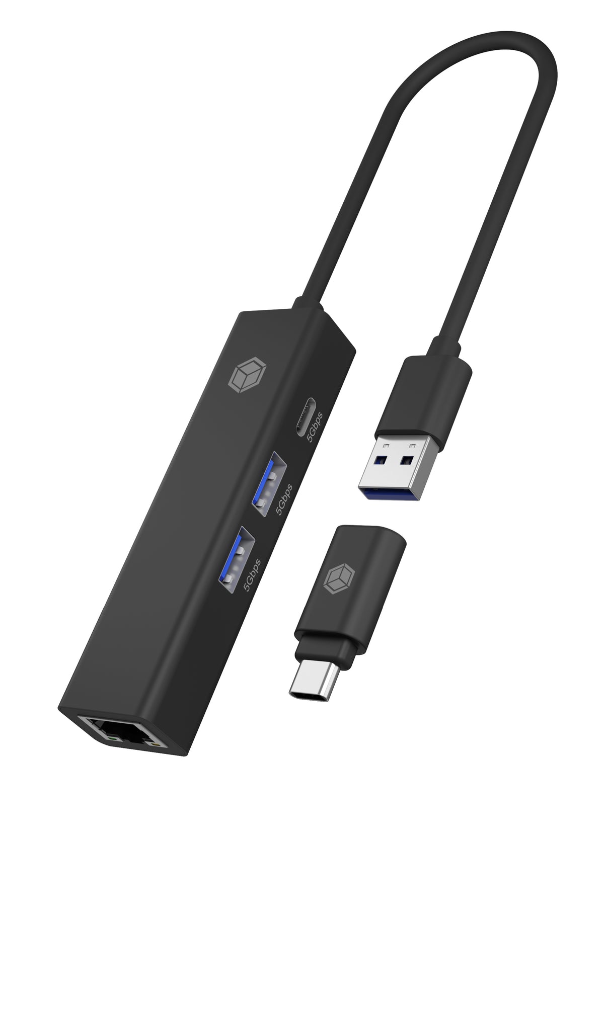 ICY BOX IB-HUB1439-LAN, USB 3.2 Gen 1 HUB und LAN Adapter, Type-A+C zu 2x USB-A & 1x USB-C® & Gigabit LAN, USB Type-A zu Type-C Adapter, Aluminium, schwarz