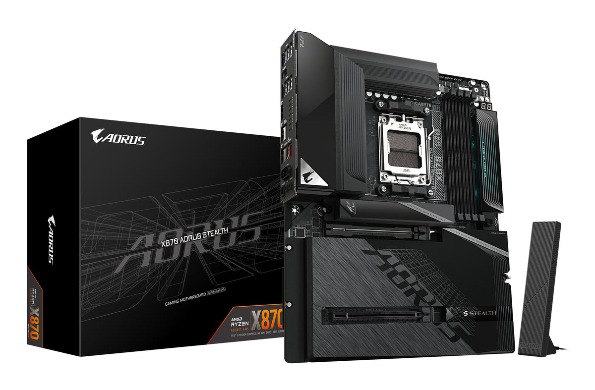 GIGABYTE X870 AORUS STEALTH Mainboard - Unterstützt AMD Ryzen 9000 CPUs, digitales 16+2+2-Phasen-VRM, bis zu 8200MHz DDR5 (O.C.), 2xPCIe 5.0 + 2xPCIe 4.0, Wi-Fi 7, 5GbE LAN, USB 4