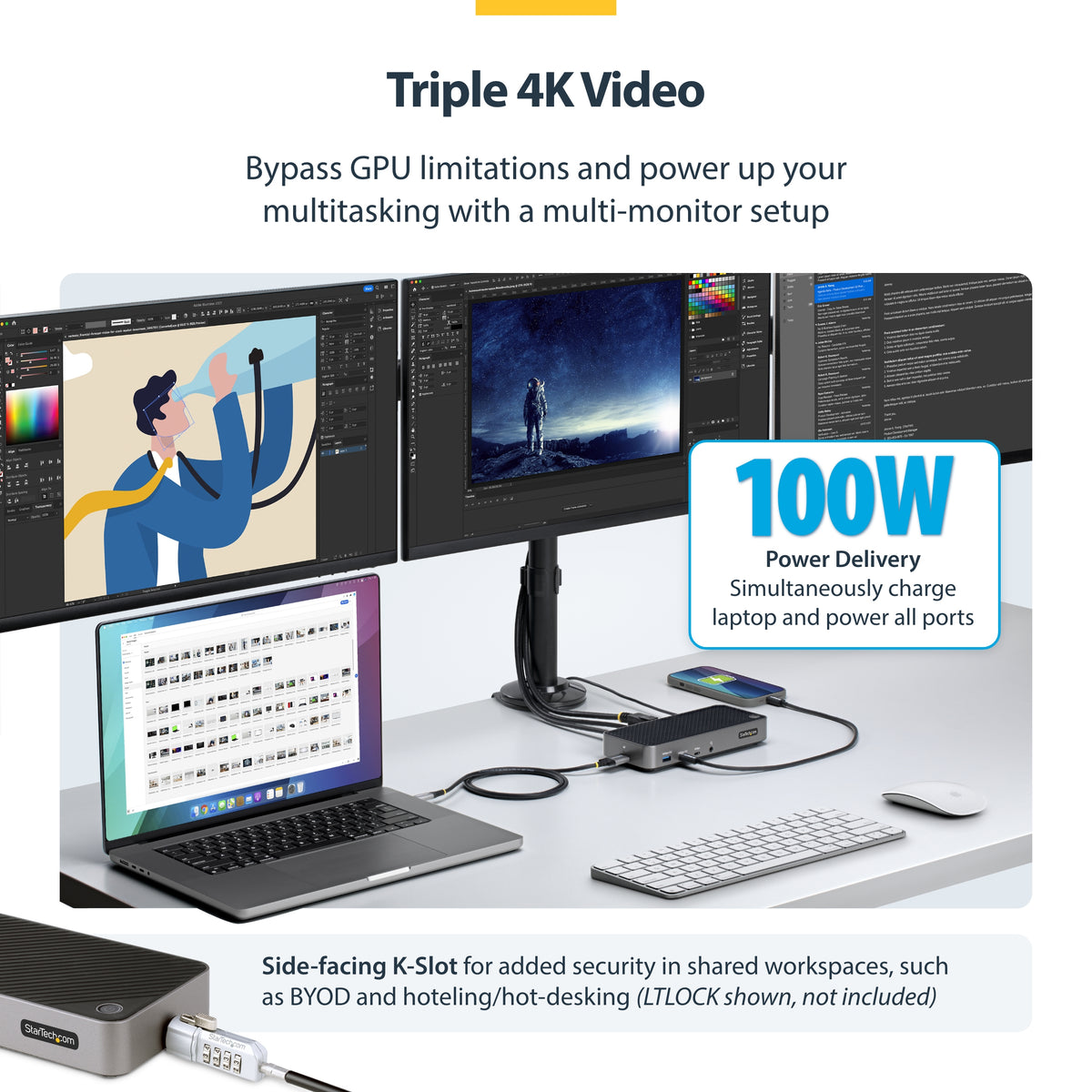 StarTech.com USB-C Drei Monitor Dockingstation - HDMI/DP Dreifach 4K USB C Dock - 5x USB Hub - GbE - 100W PD - Universelle Multi-Monitor Dockingstation - Thunderbolt 3/4 Kompatibel