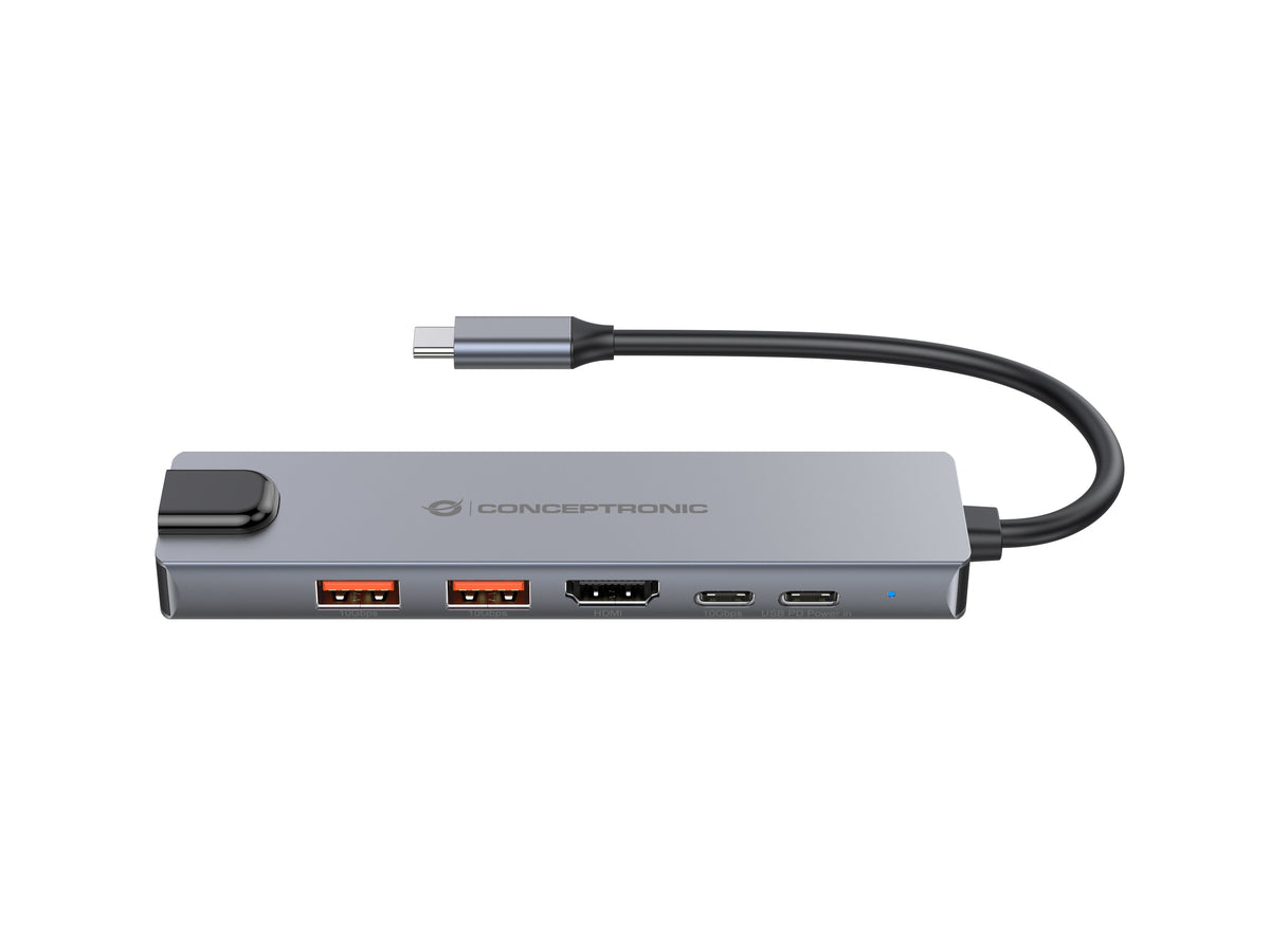 Conceptronic DONN29G 6-in-1 USB 3.2 Gen 2 Dockingstation, 4K60Hz HDMI, USB-A 10Gbps x 2, USB-C 10Gbps, GbE LAN, 140W USB PD 3.1