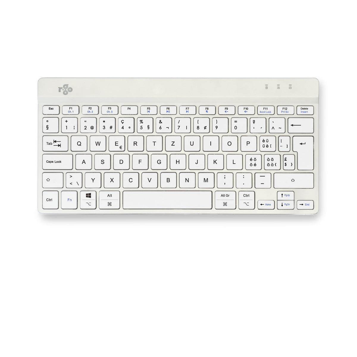 R-Go Tools Ergonomische Tastatur R-Go Compact Break, kompakte Tastatur mit Pausensoftware, QWERTZ (CH), Bluetooth, Weiß