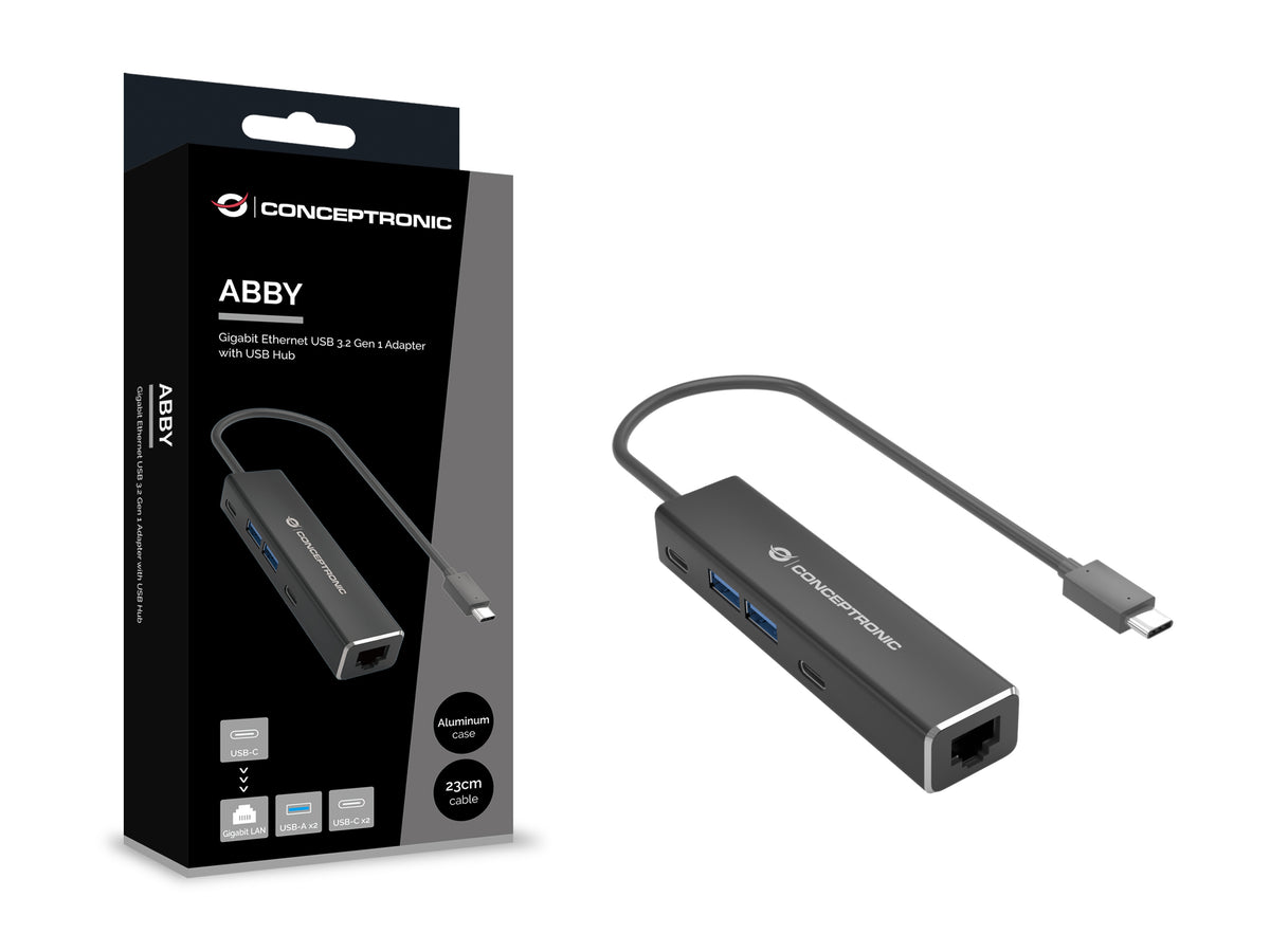 Conceptronic ABBY14B 2.5G Ethernet USB 3.2 Gen 1 Adapter mit USB-Hub, GbE, USB-A x 2, USB-C x 2