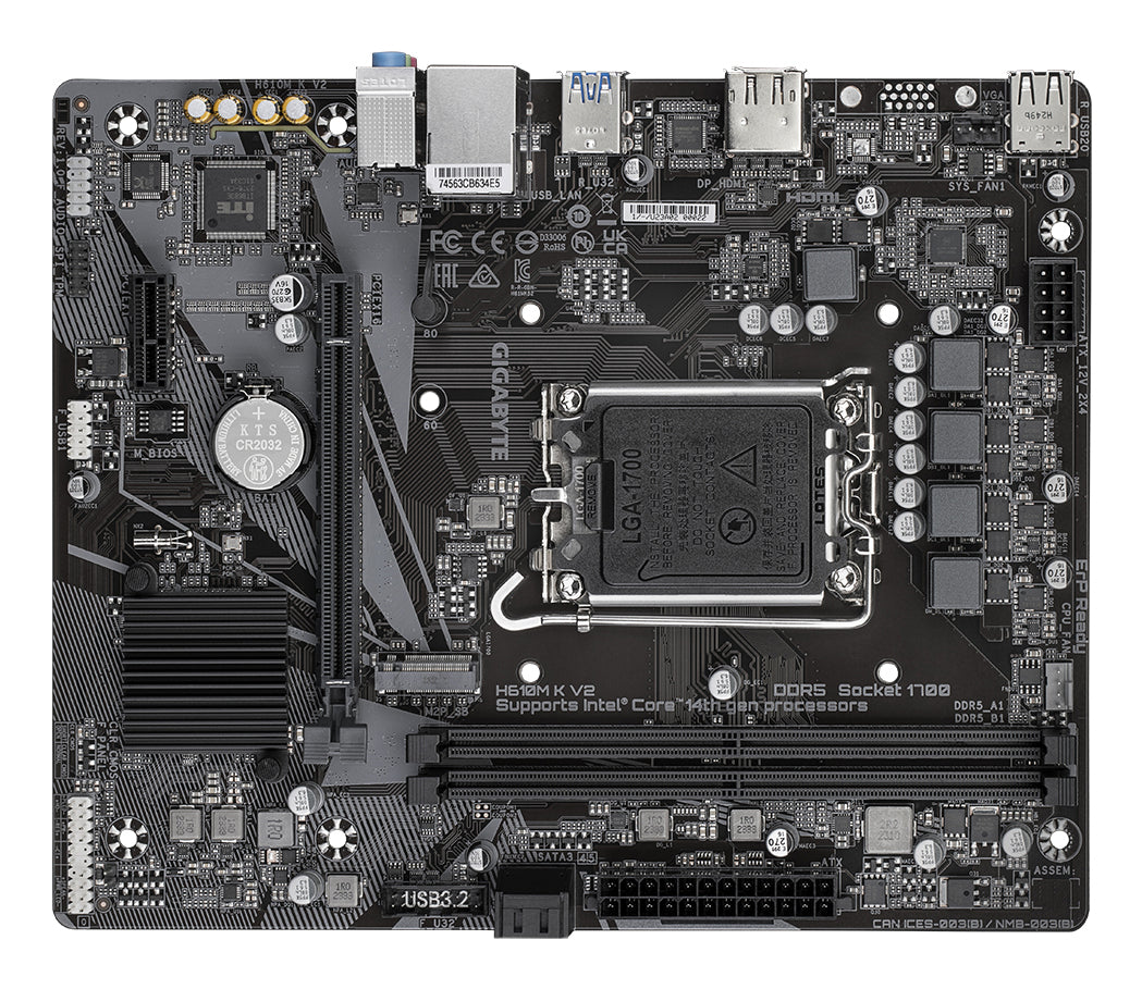 GIGABYTE H610M K V2 Mainboard – Intel Core 14. Generation CPUs, bis zu 5600 MHz DDR5, 1xPCIe 3.0 M.2, 1GbE LAN, USB 3.2 Gen 1